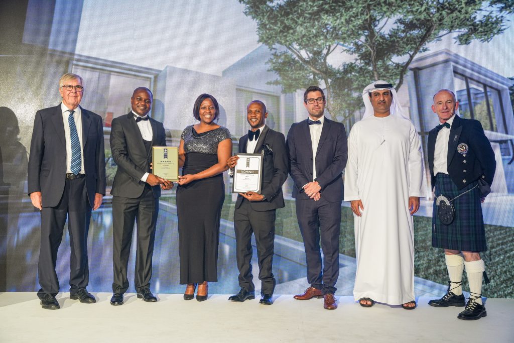 Award Presentation for Radar Properties showing From left Lord Waverely (Chairman of The International Property awards), Radar Properties Representatives, Walter Zimunya, Sithabile Moyo, Omichael Nhamburo and other members of the panel.